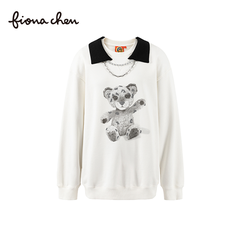 Fiona Chen/Fina Chen Morning 2021 Winter New Toy Leopard Printing Loose Long -sleeved Sweater Children's Fress