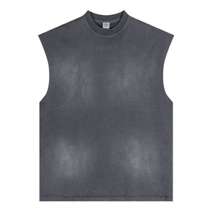 
American casual high street washing and old gradient colorless T-shirt heavy pure cotton loose hip-hop vest for men