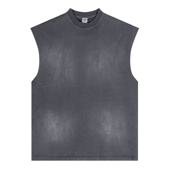 
American casual high street washing and old gradient colorless T-shirt heavy pure cotton loose hip-hop vest for men