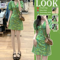 Летнее зеленое платье, корсет, юбка, французский стиль, V-образный вырез, в цветочек