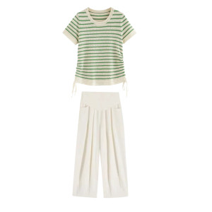 
Maternity suit summer 2026 new Korean style green striped knitted thin short-sleeved round neck top and pants two-piece set