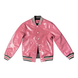 
Export order stiff oil wax leather cherry pink jacket first layer cowhide genuine leather baseball uniform casual embroidered jacket for men