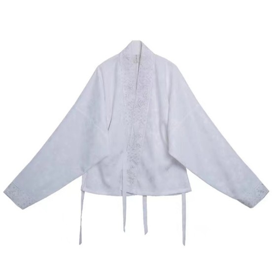
Horse-faced skirt top Hanfu airplane sleeves tied white shirt long sleeves Chinese style new Chinese loose V-neck Zen shirt