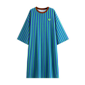 
Yuenei Nightgown Women's Pajamas Spring and Autumn Autumn Pure Cotton Long Sleeve Loose Large Size Striped Long Skirt Long Style British Style