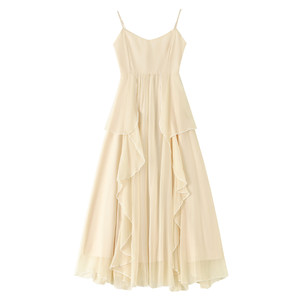 New beach vacation beach dress suspender long skirt white photo chiffon beach women dopamine beach dress