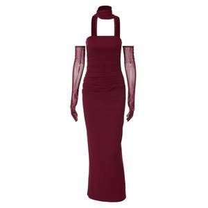 
Shemoda French sexy one-length strapless neck halter neck streamer dress for women with high waist slim over-knee long skirt