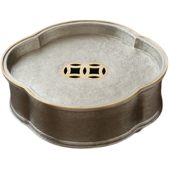 S-75 古錫 唐物 潮陽吉利 木瓜式茶托 五客揃 煎茶道具 初だし品 : 煎茶道具 茶托 隆昌作 純錫 剣木瓜 七宝透 五客 箱付