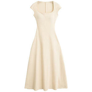 [Free Shipping] French retro square collar short -sleeved long skirt gangsters shoulder strap chest pad temperament high waist tea break dress
