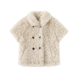 Huanghuangjia short-sleeved plush coat 2025 winter new loose niche design apricot imitation lamb fur for women