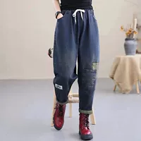 Штаны, эластичные джинсы, темный трендовый пластырь, осенние, коллекция 2021, оверсайз, эластичная талия