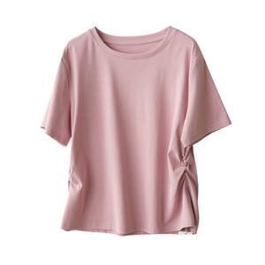 
Plus size women's clothing, matching round neck knitted T-shirt, fat mm women's waist, right shoulder short sleeve top, summer style