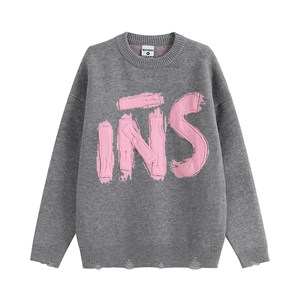 INSstudios National Trendy Couple American Appliance Embroidered LOGO Round Neck Sweater Loose Pullover Knit Sweater Men