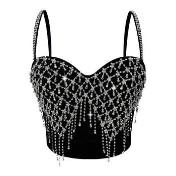 Rhinestone chain tassel outer fishbone bra vest