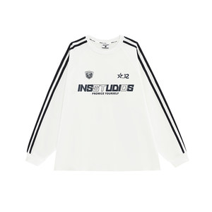 INStudios China-Chic Couple American Retro Three Bar Raglan Long Sleeve Loose Weight Cotton T-shirt Male