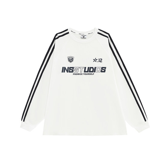 INStudios China-Chic Couple American Retro Three Bar Raglan Long Sleeve Loose Weight Cotton T-shirt Male