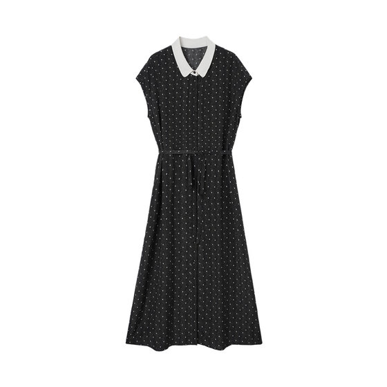 
[100% Mulberry Silk] Maplezhu Black Waisted Polka Dot Lapel Silk Short Sleeve Shirt Dress Women 2026 Summer