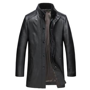 Middle-aged and elderly leather trench coat men's collar middle-length cowhide leather jacket male down thick leather down jacket 14-1176

