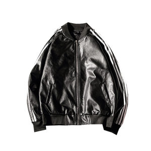 European and American wind and autumn and winter three bar motorcycle leather coats men's tide brand loose jacket super large size young fat student jacket
