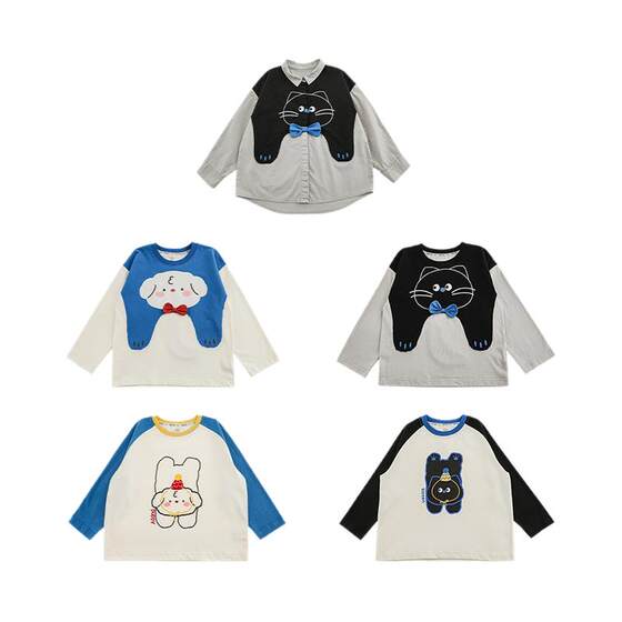 
Youyou Boys 2026 Spring New Contrast Color Long Sleeve Round Neck Cartoon T-Shirt Simple Lapel Loose Casual Shirt