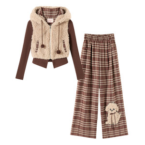 
Fabric Pig Chestnut Bear Retro College Style Fake Two-piece Hooded Sweatshirt Women's Autumn and Winter Long Sleeve Short Jacket Suit