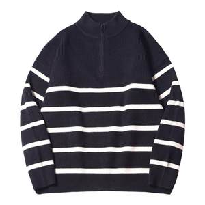 
Black and white striped stand-up collar half-zip sweater for men in spring and autumn, casual inner wear, lazy style pullover sweater, high-end feel