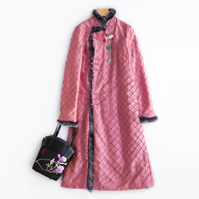 CPP081 Retro Dress Cheongsam ອຸດສາຫະກໍາຫນັກນໍາເຂົ້າ Double Palace Silk Watermelon Rex Rabbit Fur Collar Long Cotton Clothes Women's Autumn and Winter