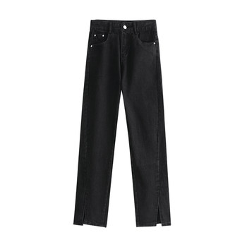 Black split straight jeans girl
