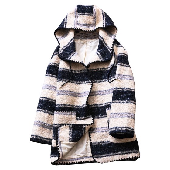 
Stand-up H silhouette! Tolerant of hidden flesh! College style hooded striped coat mid-length woolen coat for women B905