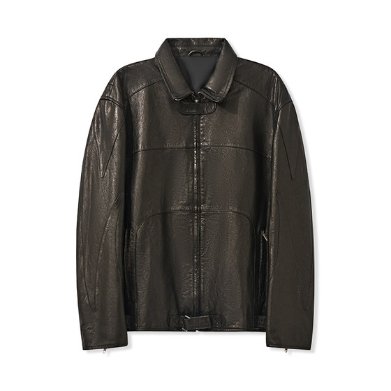 
UNICAHOMME/Short loose retro motorcycle style men's lapel genuine leather casual jacket for men