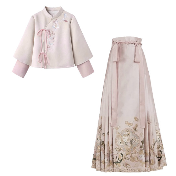 2025 Autumn and Winter Song Dynasty Hanfu Oblique-Breasted Embroidery Plus Velvet Warm Top Pink Horse Face Skirt Suit Everyday Little People