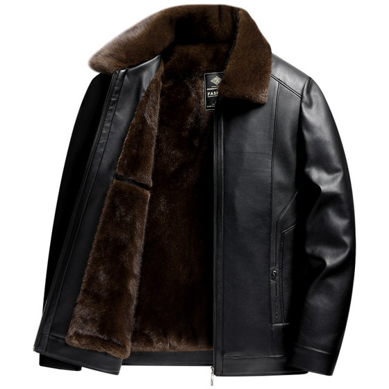 
Woodpecker middle-aged and elderly men's leather jacket with velvet thickened winter fur integrated daddy's leather jacket