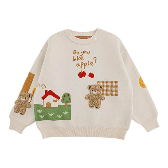 
Youyou Boy 2025 new long-sleeved round neck cartoon bear sweater winter trendy brand loose warm sweater trendy