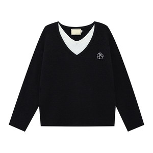 
[Limited time price] Where is the Orange Tree? Korean fake two-piece contrasting V-neck sweater autumn versatile pullover sweater