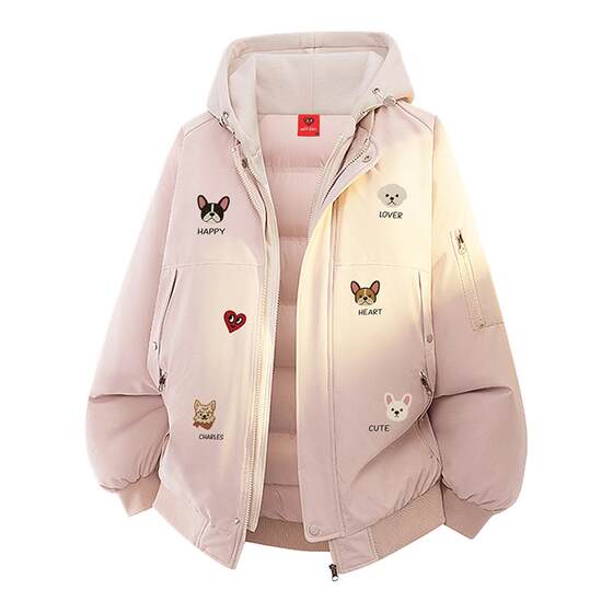 
Charles peach heart color matching fake two-piece hooded cotton coat for men and women winter puppy print couple bread cotton coat