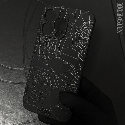 Gothic Spiderweb Embossed Dark Brand Logo Silver Accents iPhone Case