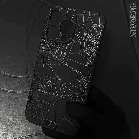 Gothic Spiderweb Embossed Dark Brand Logo Silver Accents Phone Case for iPhone 17, 16, 15, 14 and 13