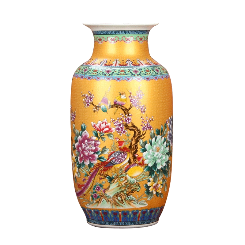 景德镇陶瓷器仿古珐琅彩金色牡丹凤凰花鸟大花瓶现代时尚摆件