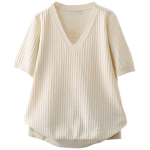 
Summer large size 200*0.5kg white V-neck ice-collar silk short-sleeved sweater for women loose thin white T-shirt age-reducing top