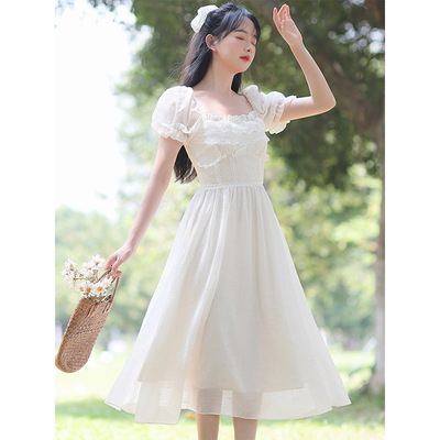 taobao agent White summer dress, fitted brace, french style, puff sleeves