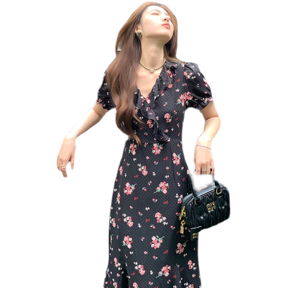 
Zhuyiyi black V-neck floral dress women's summer slimming chiffon printed high-waisted short-sleeved long skirt