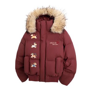
Charles Heart Red Christmas Horse Year Cotton Jacket Men's Hooded Winter New Trendy Brand Couple Bread Cotton Jacket