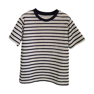 Huahuajia Korean 2026 new contrast striped loose T-shirt women's heavy industry lace round neck short-sleeved summer top
