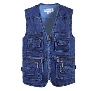 High end pure cotton denim vest for men's clothing, middle-aged and elderly, multi pocket camisole vest, versatile, casual, and enlarged 5XL