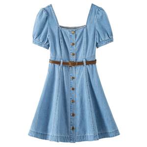 
BANANA BABY2025 new square collar denim dress for women with high waist small A-line short skirt