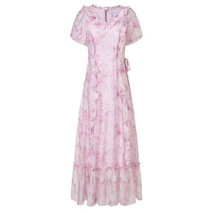 
[SGPR] Exquisite romantic puff sleeve dress with waist and x-shaped printed long skirt for summer
