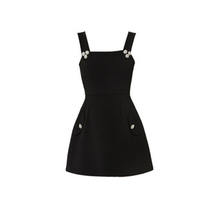 
DPLAY 2025 summer new black suspender dress for women wide shoulder straps flash diamond buckle popular A-line skirt
