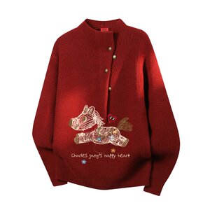 
Charles Peach Heart Horse Year Red Half Turtleneck Sweater for Men and Women Winter 2026 New Casual Couple Sweater Trend