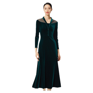 
SUSSI/antique spring mall same style lake green V-neck velvet high waist slim mid-length dress for women
