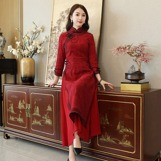 Yunya 개선 치파오 드레스 여성 가을, 겨울 두꺼운 슬리밍 복고풍 패션 레드 스커트 R717