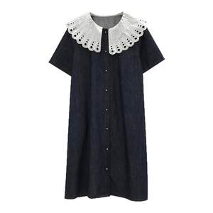 Nuochu Maternity Clothes~French style doll collar short-sleeved denim dress summer dress for small A-line pregnant women